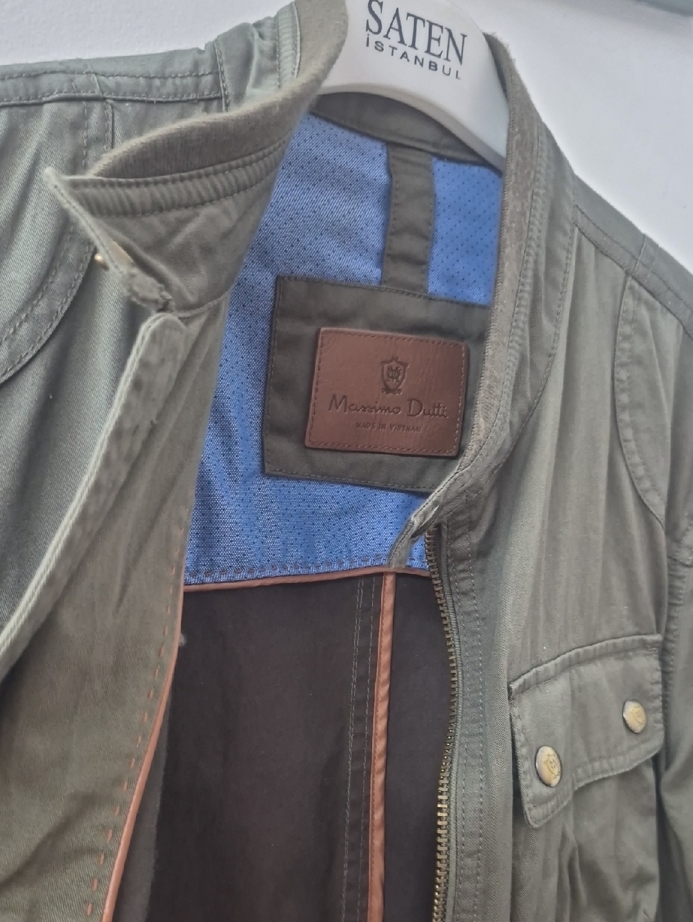 Massimo Dutti Men's Olive Green Field Jacket with Blue Lining